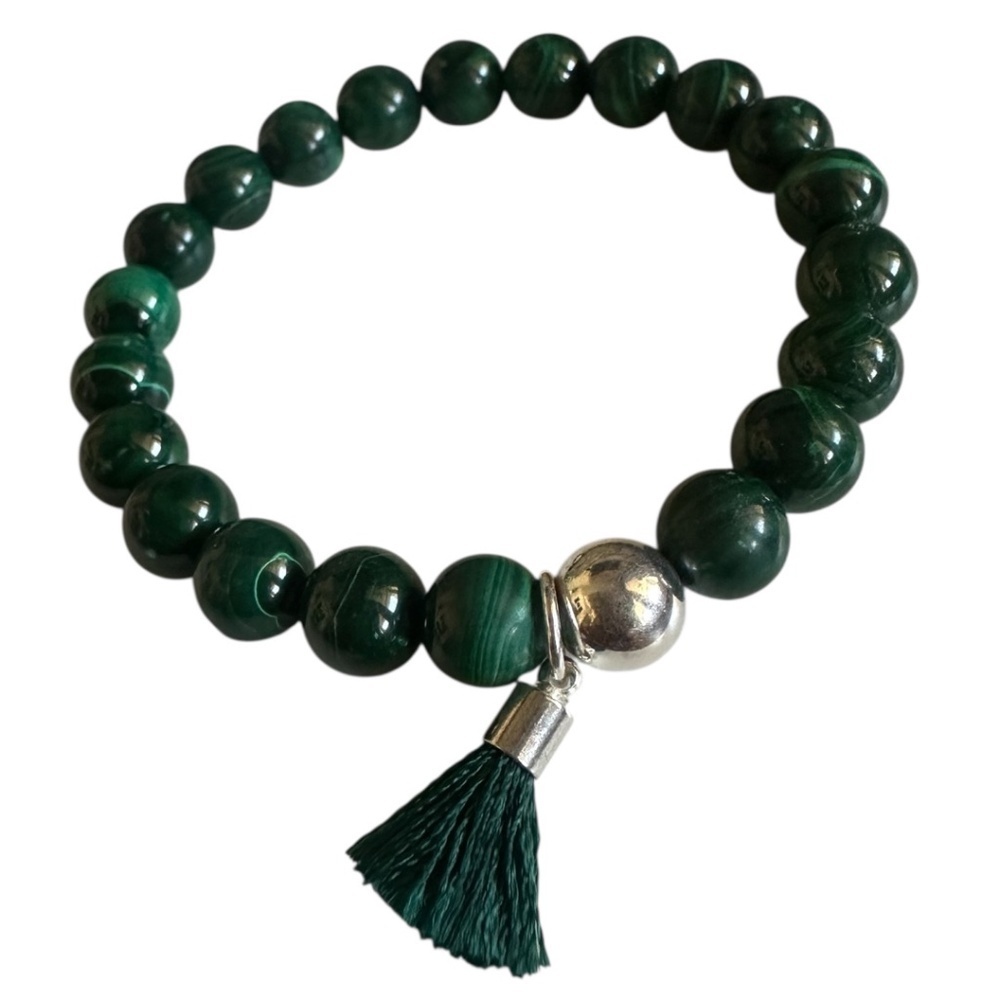 Classic Malachite 8mm Stretch Bracelet Green Sterling Silver Tassel Charm